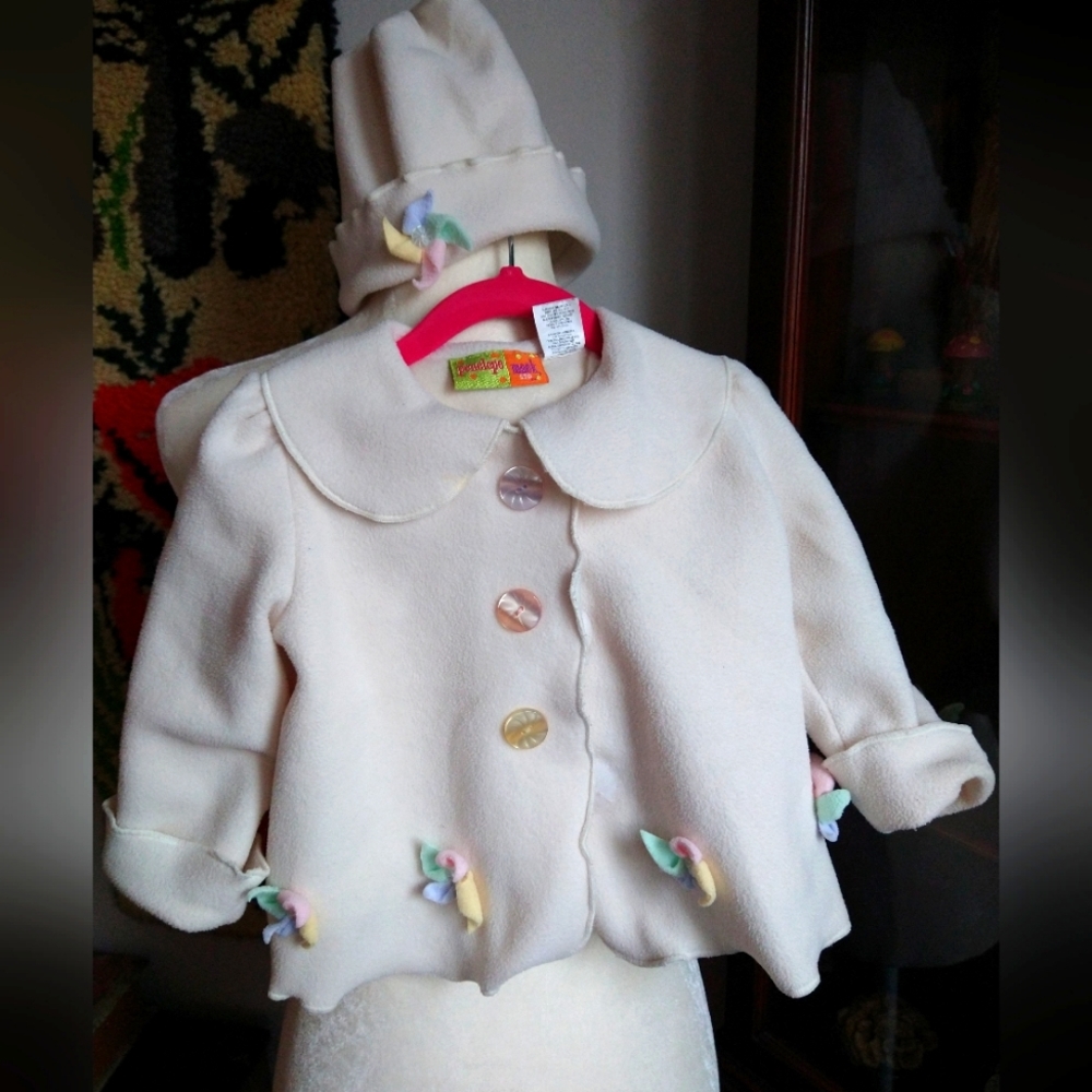 White fleece Penelope Mack 12 month jacket and matching hat